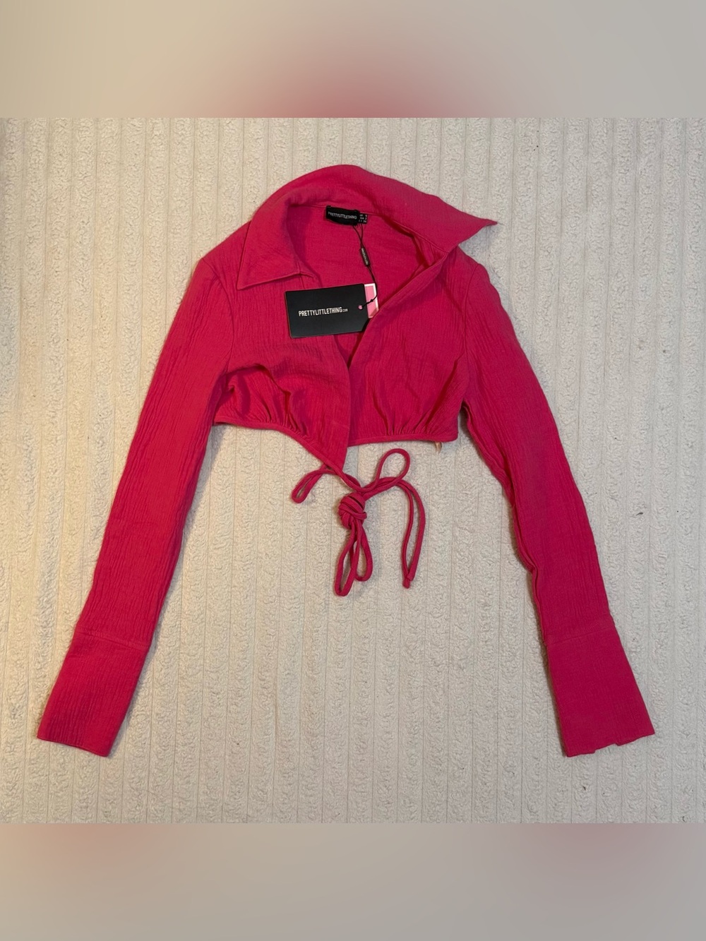 PrettyLittleThing Hot Pink Crinkle Wrap Tie Crop Top New With Tags